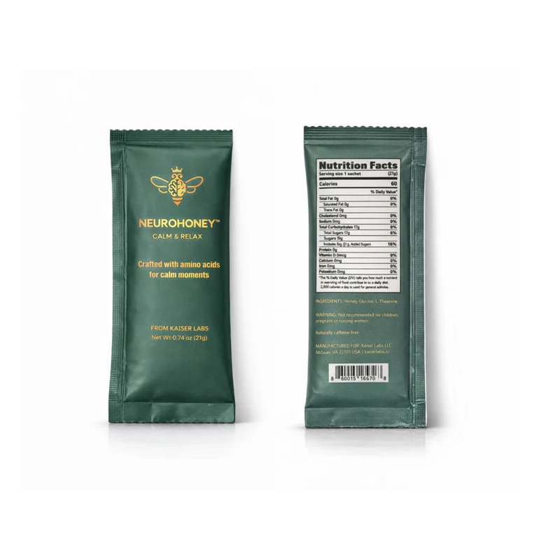 Two dark green Neurohoney Calm & Relax caffeine packets shown side by side on a white background, with the front label on the left and the nutrition facts panel on the right.