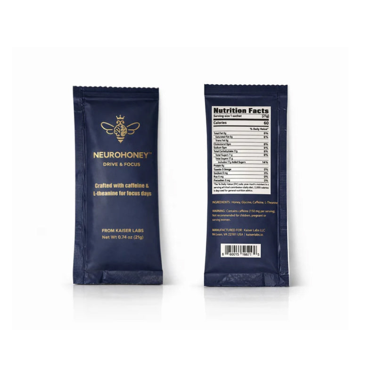 Two navy blue Neurohoney product packets shown upright on a white background, with the front label on the left and the Nutrition Facts panel on the right.