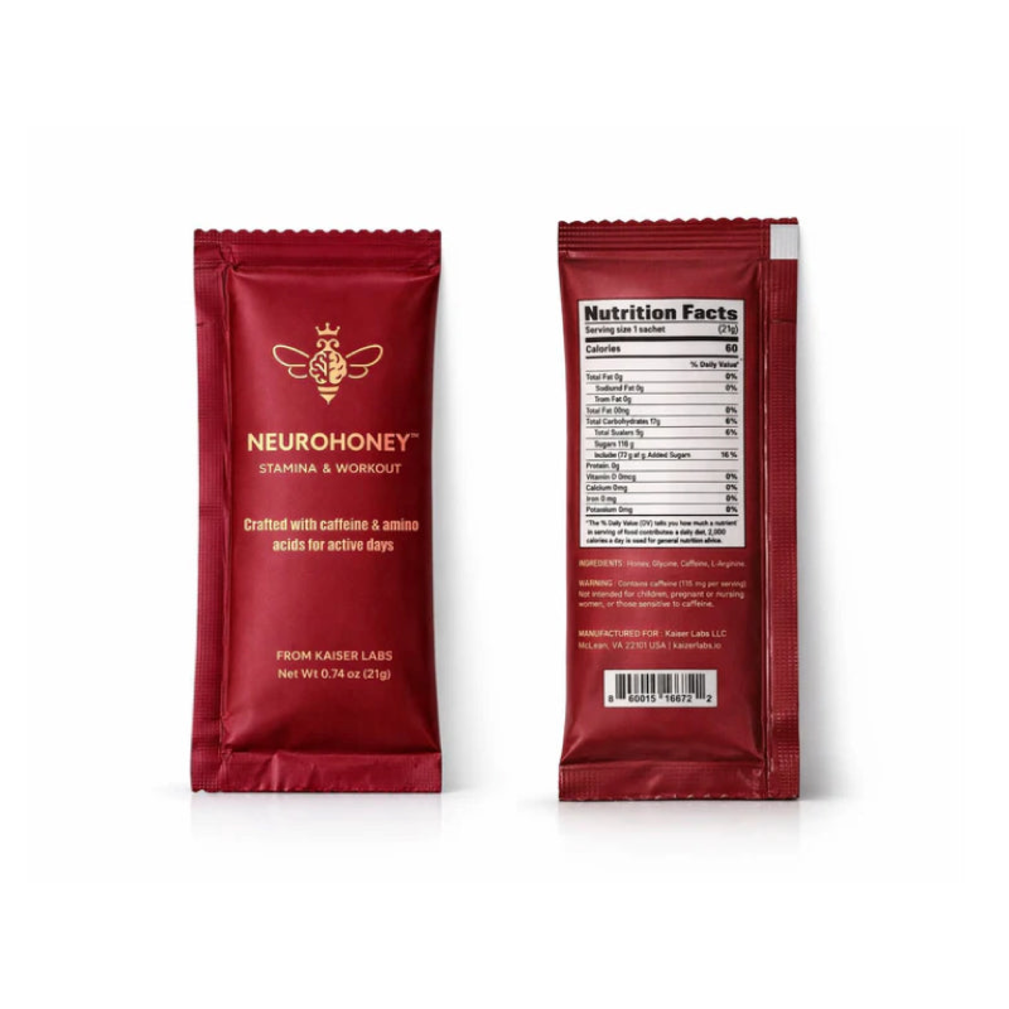 Two red Neurohoney Stamina & Workout packet views on a white background, showing the front with a bee logo and the back with a Nutrition Facts label.