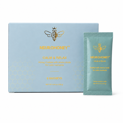 Neurohoney Calm & Relax honey packet set, featuring a light blue box with gold bee and honeycomb graphics alongside a single mint green packet on a white background.
