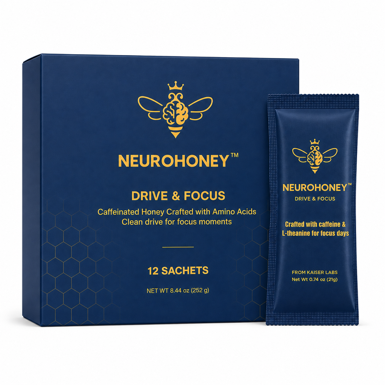 Neurohoney Drive & Focus caffeinated honey sachets shown as a dark blue box with a single sachet standing beside it on a white background.