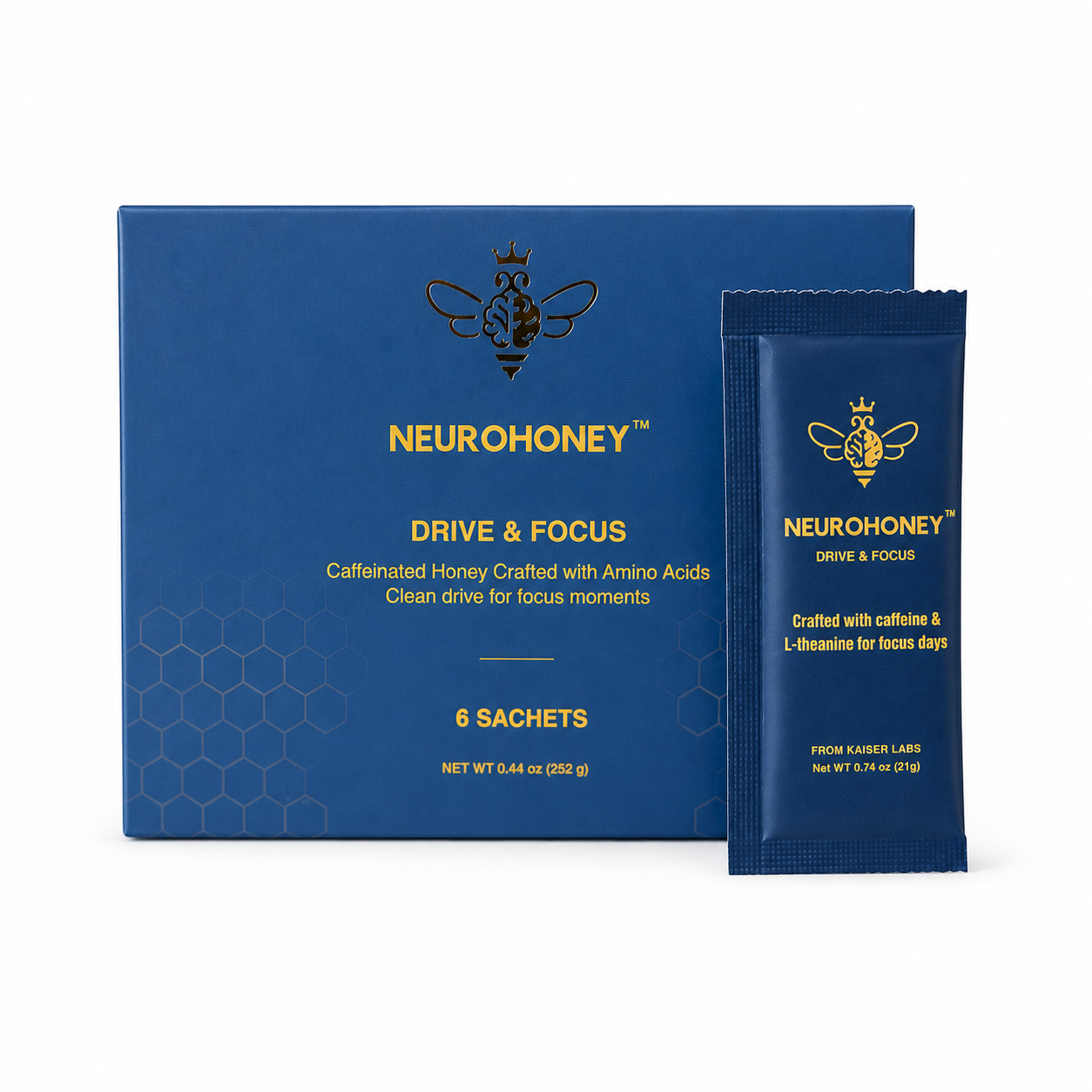 Neurohoney Drive & Focus supplement packaging, showing a blue box with six sachets and one individual sachet packet standing in front on a white background.