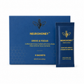 Neurohoney Drive & Focus supplement packaging, showing a blue box with six sachets and one individual sachet packet standing in front on a white background.